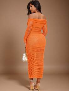Radiana 春夏露肩荷叶边网纱性感紧身约会长袖橙色连衣裙 - 橘色 - 查看 2