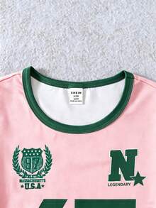 SHEIN 青少年女孩夏季新款美式運動T恤與工裝寬腿褲兩件套，「67 SIX SEVEN」字母與數字胸前印花，附徽章與「N」星形細節，適合派對穿著，實用時尚，島嶼風，海灘週末，夏季穿搭 - 彩色 - 查看 8