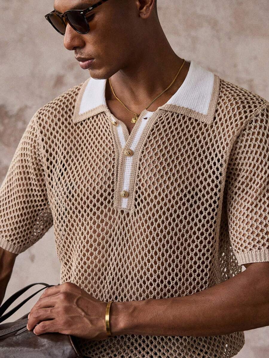 AKNOTIC Men's Vacation Casual Contrast Collar Short Sleeve Hollow Knit Top - Khaki - View 1
