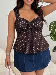 Solflare Brown Plus Size Women's Polka Dot Pattern Front Tie Top - Brown - View 8