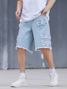 Manfinity Roghcode Men's Plus Size Casual Bermuda Denim Shorts With Pockets And Frayed Hem - Blue - View 4