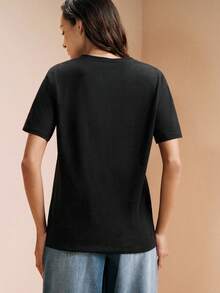 SHEIN Floral Print Short Sleeve Fashion Loose Fit Slimming Regular Shoulder Wrinkle-Resistant Round Neck Minimalist Romantic Casual Cotton-Feel T-Shirt - Black - View 3