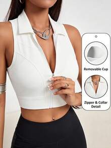 Innovista Innovista Sports Tank Top White Zip Front High Support Removable Bra Pad Breathable Mesh Back Sculpting Workout Gym Tennis Pilates - White - View 6