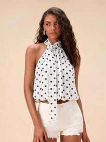 Travachic Blusa elegante de mujer con estampado de lunares y cuello de corbata, conjunto de verano para mujer, top elegante, top de lunares, top de verano - Blanco - Ver 3