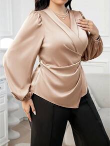 Modelyn Blusa cruzada de color liso elegante para ir al trabajo de talla grande - Caqui - Ver 4