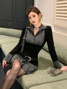 DAZY 女款條紋拼色休閒派對洋裝 夏季 - 黑色 - 查看 2