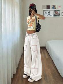 StreetHx Fashion Casual Y2k Streetwear Street Style Colorblock Stitching Multi-Pocket Low Waist Denim Curved Leg Pants Everyday Going Out White And Red Summer - White - View 5