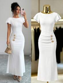 SHEIN Elenzya 女士纯色金属扣装饰连衣裙 - 白色 - 查看 1