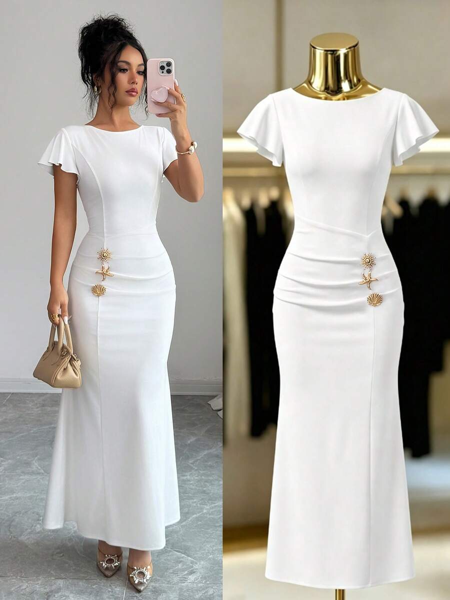 SHEIN Elenzya 女士纯色金属扣装饰连衣裙 - 白色 - 查看 1