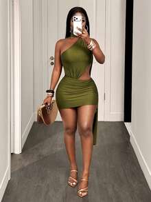 BamGleam Sexy Halter Neck Draped Ribbon Waist Cutout Bodycon Ruched Dress For Holiday Party Club Night And Banquet Olive Green Summer - Olive Green - View 2