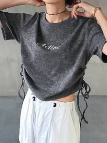 FRIFUL Summer Solid Color Drawstring Tie Bow Dark Grey Textured Fabric Letter Print Casual Streetwear Versatile T-Shirt Going Out Weekend Everyday Night Out - Dark Grey - View 9