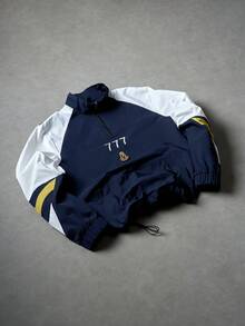 PAVTROS Men's Casual Stand Collar Half Zip Windbreaker,Navy And White Color Block Jacket With Letter Graphic,Drawstring Hem,Autumn Back-To-School Graduation - Navy Blue - View 1