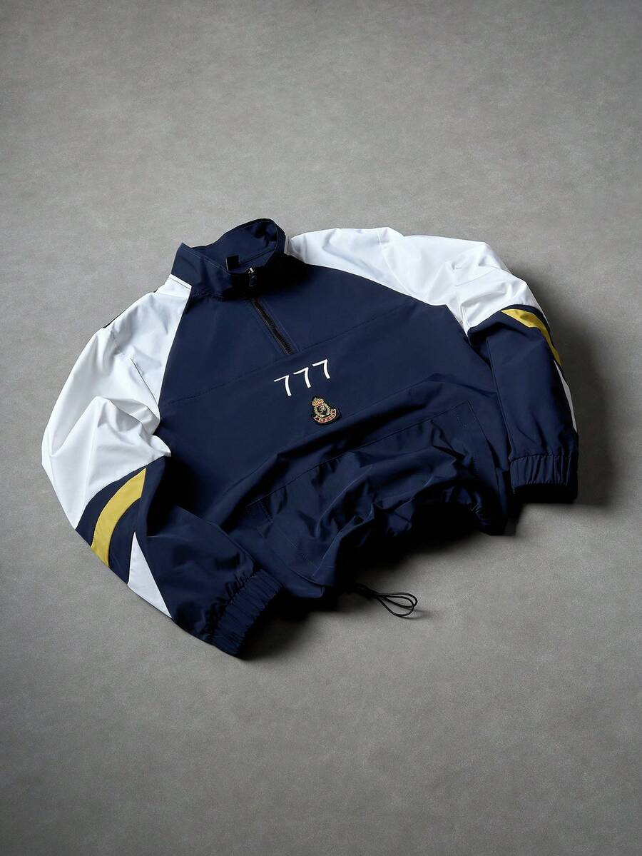 PAVTROS Men's Casual Stand Collar Half Zip Windbreaker,Navy And White Color Block Jacket With Letter Graphic,Drawstring Hem,Autumn Back-To-School Graduation - Navy Blue - View 1