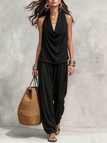 Breezaya Casual Vacation Fashion Minimalist Women's Set Draped Neck Draped Neck Fitted Comfortable Soft Black Top With Elastic Waist Harem Black Long Pants Set Summer, Autumn And Winter For Women Women's Elegant Set Women's Casual Set Women's Vacation Outfit Set Women's Country Style Set Women's Outing Set Black Set - Black - View 4