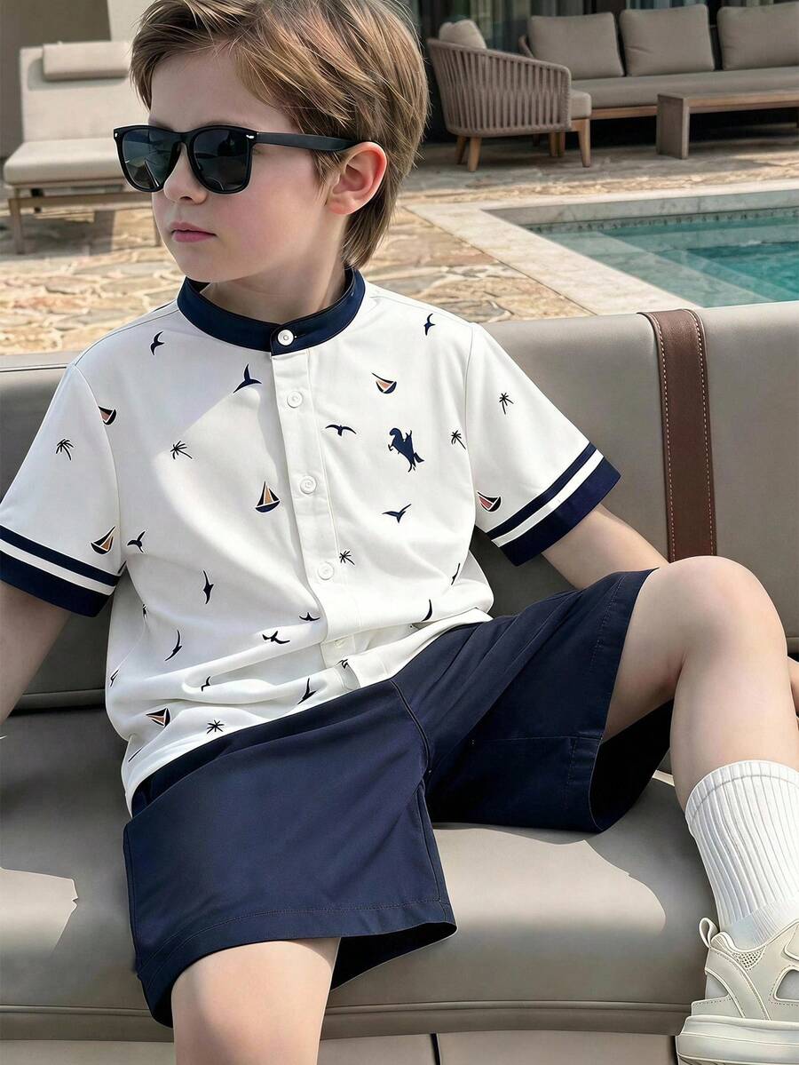Kids Young Boys Casual Comfortable Daily Stand Collar Shirt And Shorts Set, Suitable For Spring And Summer - White - View 1