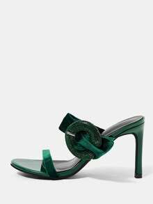 CUCCOO HITCHD Damen-Sandalen mit Strass, runder Schnalle und Schleifendekor, quadratischem Absatz, High Heels, französischer Leicht-Luxus-Stil, aus Lackleder und Wildleder, Grün, für Dates und Partys - Grün - Übersicht 2