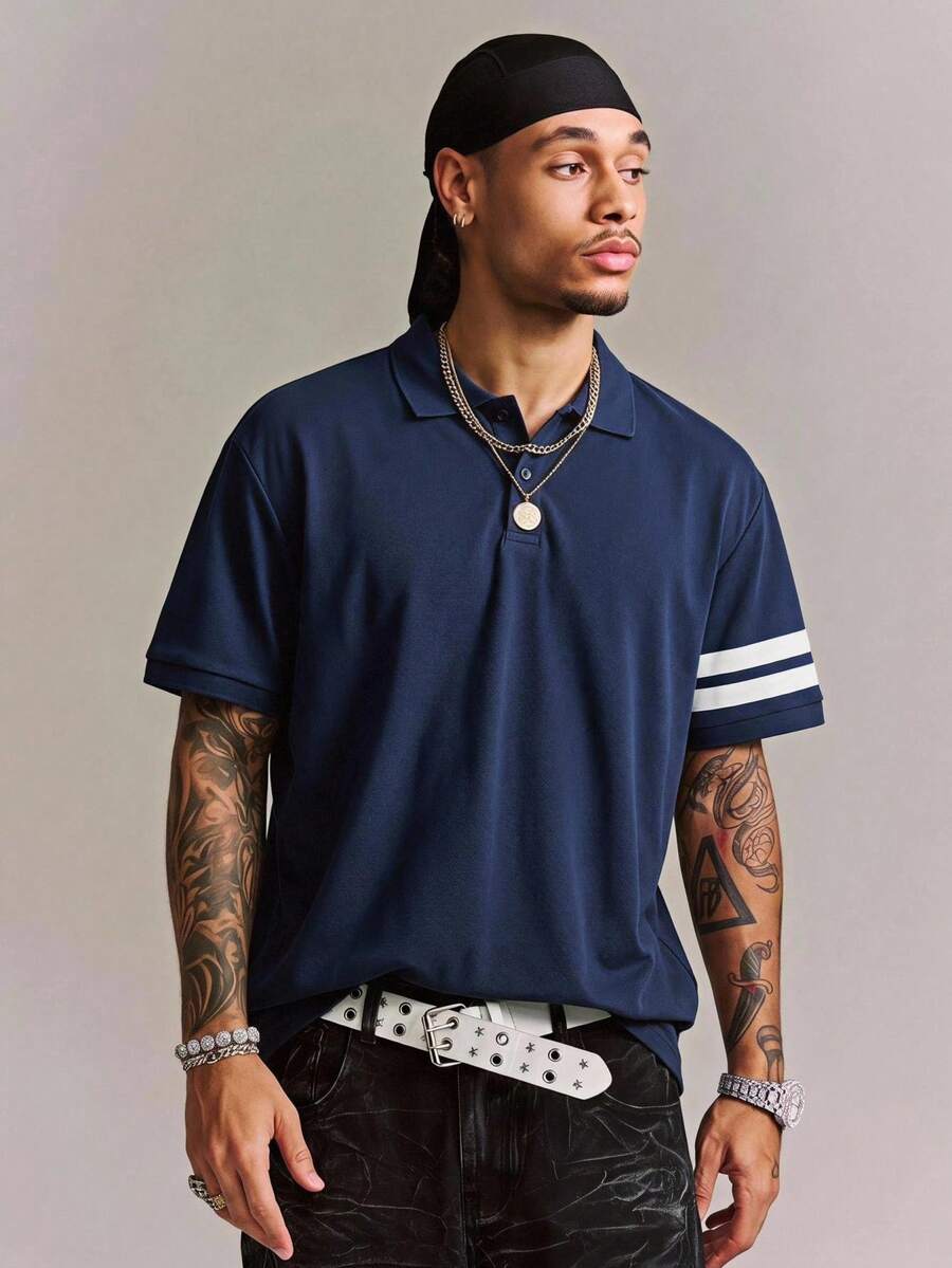 CRAVYNX Camiseta de manga corta para hombre con estampado de rayas en azul - Negro - Ver 1