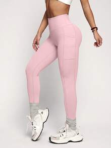 SHEIN Sports 女款純色高腰口袋內搭褲 - 粉色 - 查看 5