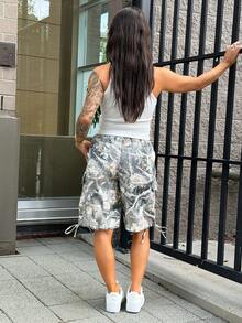 SAYEHFBABY 女士休闲时尚街头度假风印花抽绳腰带翻盖口袋宽松牛仔短裤，夏季 - 彩色 - 查看 2