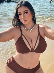 Swim SXY Atasan Bikini Seksi Warna Polos untuk Wanita Ukuran Besar, Cocok untuk Liburan Pantai di Musim Panas - Coklat - View 5
