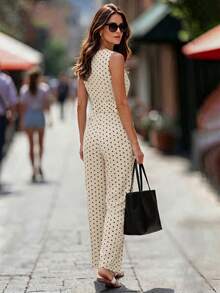 Editum Women's Black White Polka Dot V-Neck Ruched Waist Sleeveless Jumpsuit Brunch Summer French Elegant - Apricot - View 2