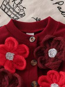 SHEIN 嬰兒/幼兒（女童）紅色羅紋長袖開襟外套，大花飾裝搭配純色長褲 2 件套，春秋休閒日常寬鬆套裝 - 紅色 - 查看 7