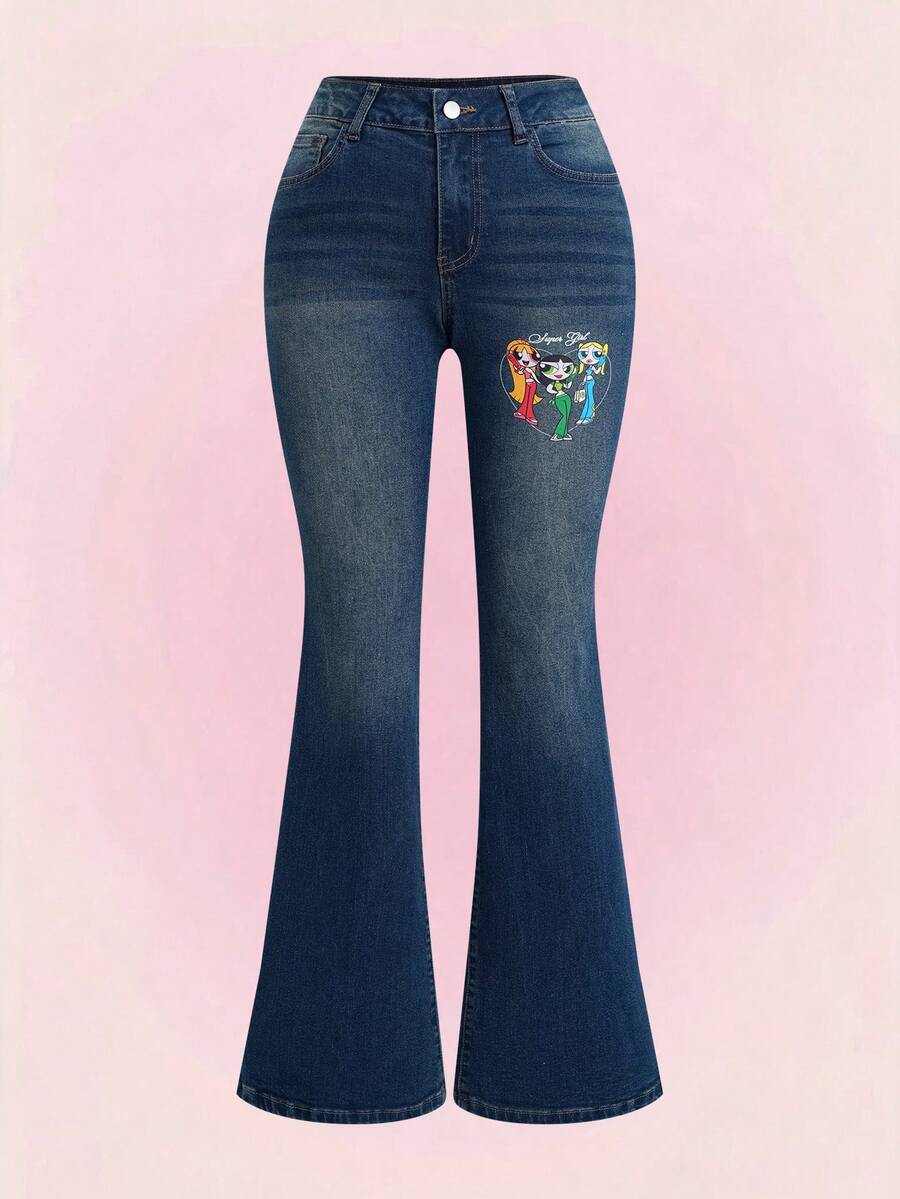 THE POWERPUFF GIRLS X SHEIN Women's Cartoon Print Flare Jeans School Navy Blue Autumn Y2k Casual - Blue - View 1