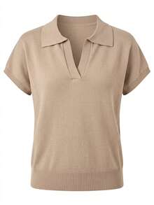 Balvessa Women's Polo Collar V-Neck Ribbed Cuff & Hem Minimalist Casual Short Sleeve Sweater - Khaki - View 3