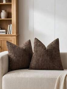 Cirelle 1 buah Sarung Bantal Lempar Chenille Bertekstur Lembut, Sarung Bantal Dekoratif Tenun Slub Cokelat Kopi Polos untuk Sofa - Coffee Brown - View 2