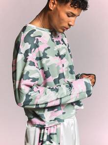 SUMWON Camouflage Long Sleeve Crew Neck Waffle Knit Tee With Script Sleeve Print Casual Streetwear Top - Multicolor - View 5