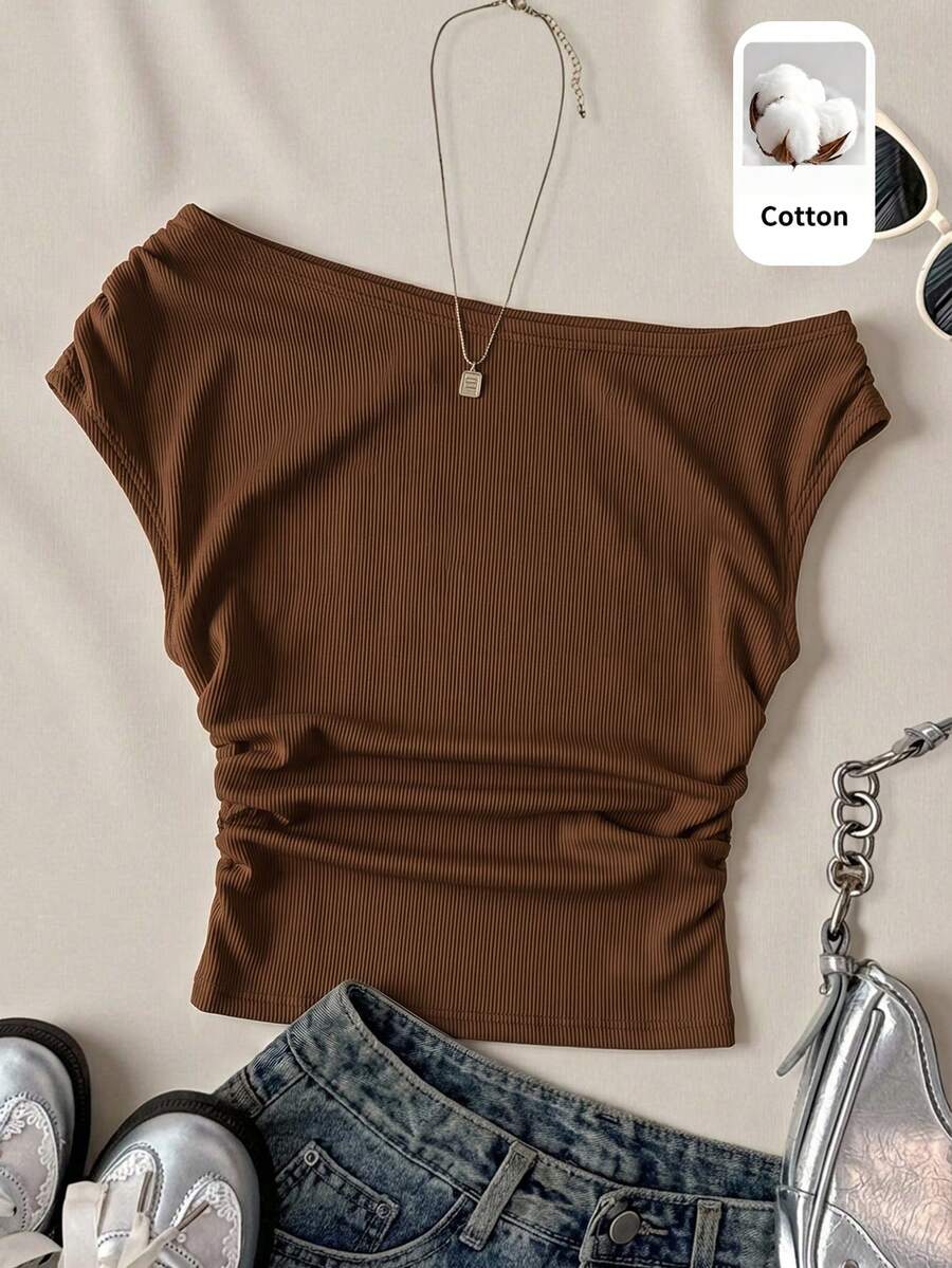 SHEIN Teen Girl Solid Color Asymmetrical Shoulder Pleated Ribbed Slim Fit Casual T-Shirt - Coffee Brown - View 1