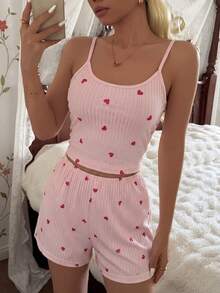 CottageSlumber Summer Heart Print Camisole & Shorts Loungewear 2 Pieces Set - Pink - View 4