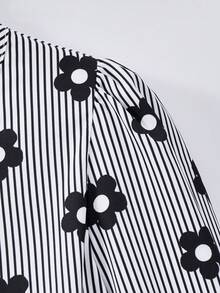 SHEIN Tween Girl Black Striped Floral Print, Front Bow Decor Long Sleeve Shirt - Black - View 6