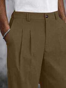 SLATEMANN Pantalones casuales de pierna recta con pliegues y bolsillos de unicolor para hombres - Café integral - View 3