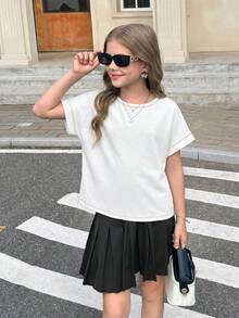 SHEIN Girlism Tween女孩春夏兩件式休閒時尚露背交叉開背對比線條設計圓領連肩短袖寬鬆版型T恤，返校季，母女套裝 - 彩色 - 查看 2