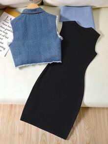 SHEIN Setelan 2 Potong untuk Anak Perempuan Remaja: Rompi Denim Biru dengan Ujung Berumbai dan Gaun Tanpa Lengan - MultiWarna - View 2