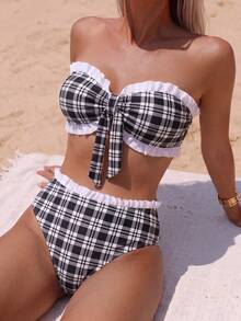 Swim Mod Spring/Summer Hot-Selling Beach Ditsy Floral 2 Pieces Ruffle Bandeau Set - Multicolor - View 3