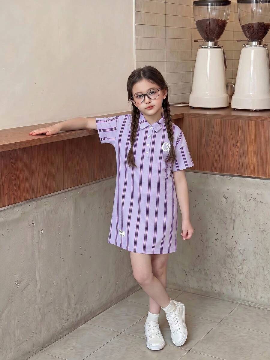 Casuvi Kids 少女寬鬆落肩中袖襯衫領數位直條紋印花復古休閒家居連身裙,適合戶外、旅行、日常穿著,夏季新品 - 紫色 - 查看 1