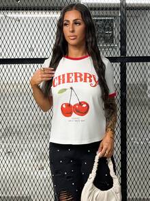 SAYEHFBABY Women's White And Red Cherry Print Short Sleeve T-Shirt,34% Cotton Summer Cute School Back-To-School Top,Vintage Y2K Boho Coconut Girl Casual Style - Red and White - View 5