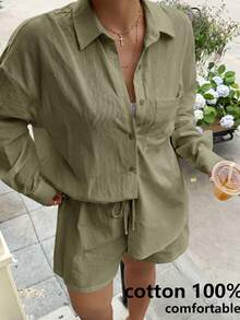 Muchica Plus Size Women Solid Color Fashion Loose Long Sleeve Shirt And Shorts 2pcs Set Vacation Olive Green Autumn Smart Casual Normal Fall Date Night Brunch - Army Green - View 1