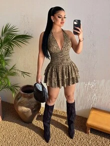 SHEIN SXY 大尺碼夏季性感豹紋露背掛脖迷你洋裝 - 彩色 - 查看 5