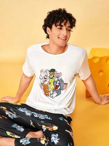 Notgurli TOM & JERRY X SHEIN Men's Cartoon Print Short Sleeve Top And Long Pants Casual Daily Homewear Set - Multicolor - View 6