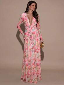 SHEIN BAE 女款深V領紮染印花長袖抓皺腰性感洋裝 - 淡黃色 - 查看 4