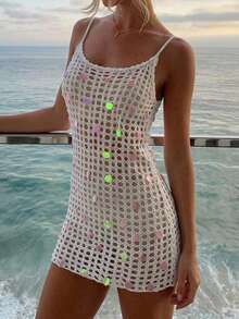 Livesso Robe de plage d'été pour femmes, ajourée en tricot avec décor de sequins, pour les vacances - Blanc - Voir 3