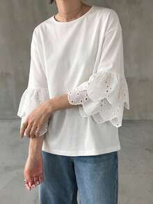 FRIFUL Women's Round Neck Hollow Embroidery Ruffle Cuff Loose T-Shirt - White - View 4