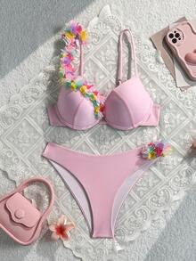 Swim SXY Baju Renang Dua Potong Motif Bunga 3D dengan Kawat Penyangga Push-Up - Berwarna merah muda - View 4