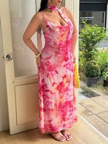 GalTyme 大尺碼女款花卉印花垂領優雅細肩帶洋裝 - 彩色 - 查看 4