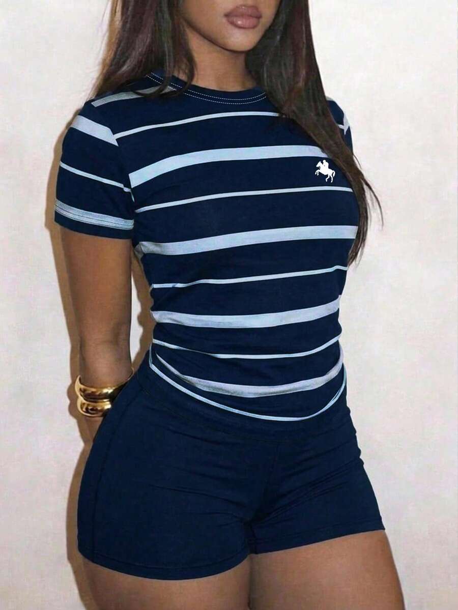 Slaydiva Casual Minimalist Dark Blue & Light Blue Color Block Striped Print Women's T-Shirt And Shorts 2-Piece Set - Multicolor - View 1