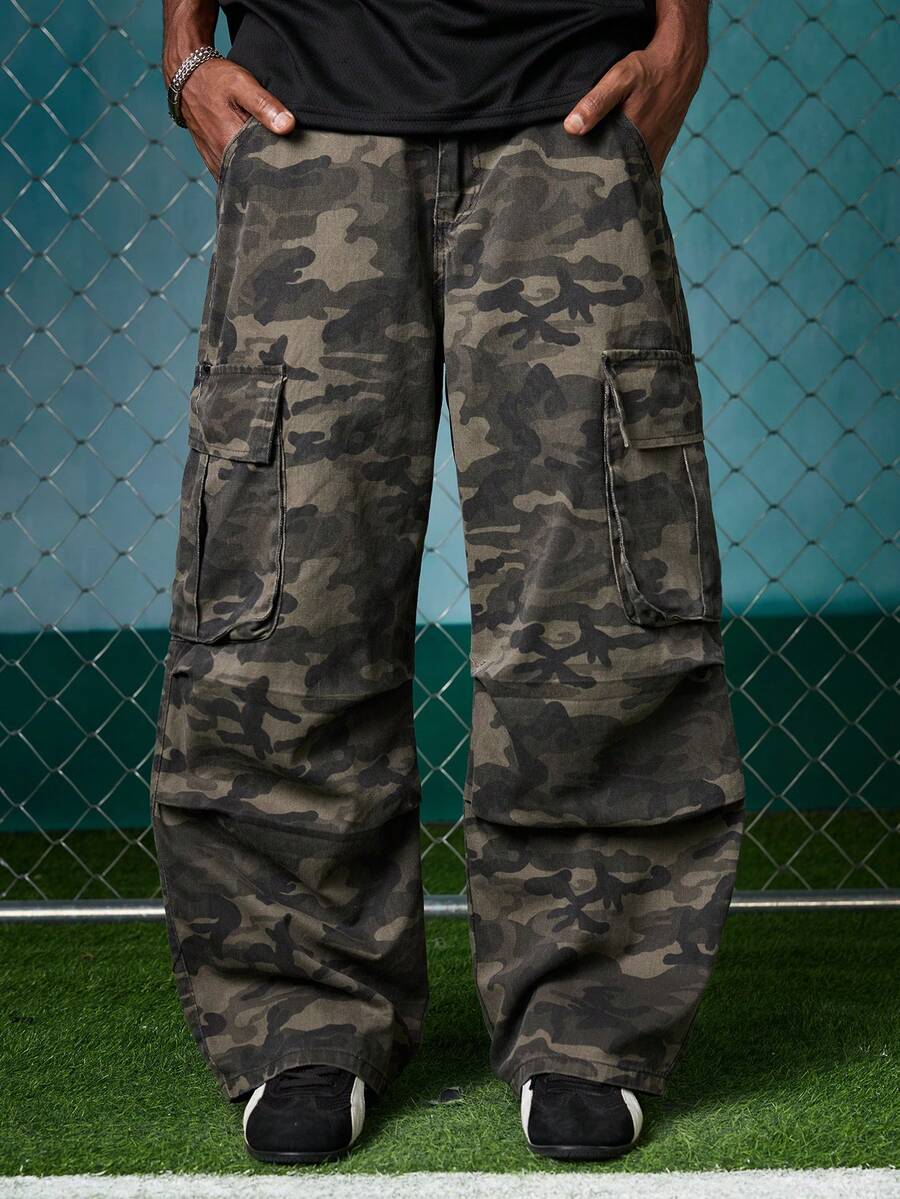 EVRINFINITE 1件装 Justice Brother 街头迷彩多口袋宽松阔腿牛仔裤,男士休闲街头服饰 - 軍綠色 - 查看 1