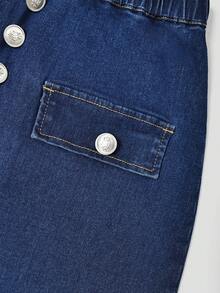 GlowEve Vintage Casual Retro Style Navy Blue Button Pocket Straight Leg High Waist Daily Wear Denim Skirt For Women Back-To-School Everyday School Summer - Blue - View 3